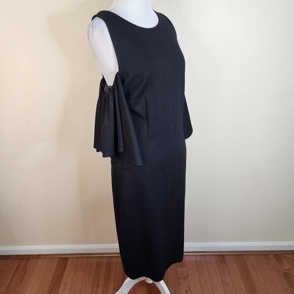 Eliza J Cold Shoulder Flutter Ruffle Short Sleeve Black Midi Sheath Dress Sz 14 - Picture 2 of 9